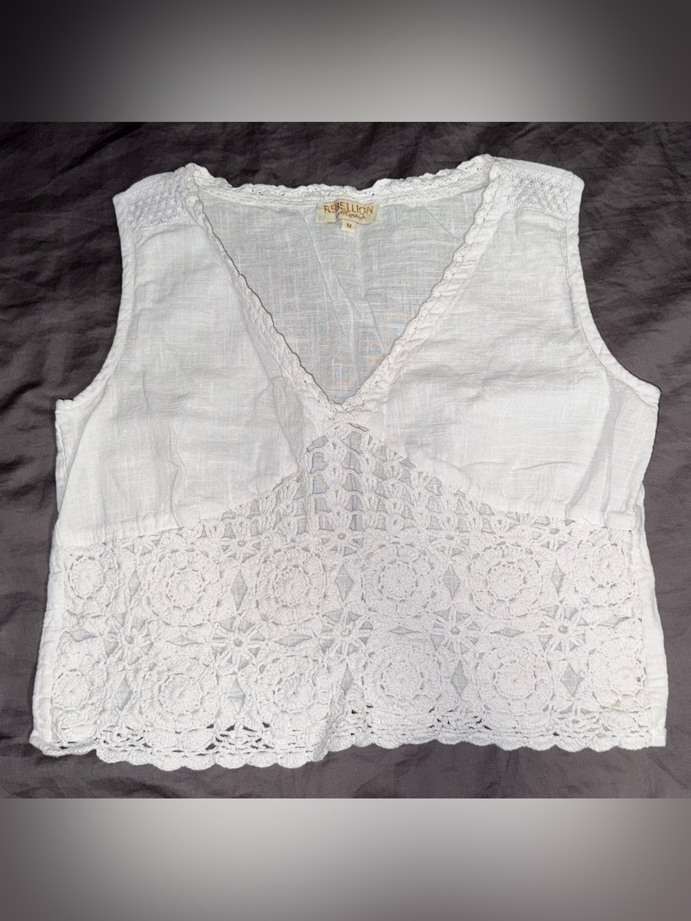 Rebellion Again White Crochet Lace Boho Sleeveless Tank Top Medium 100% Cotton - Picture 3 of 8